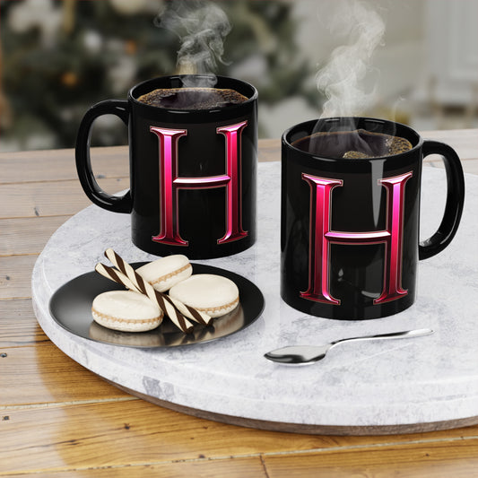 "PinkLady's" 'H' Coffee Mug - 11oz Black Ceramic Cup