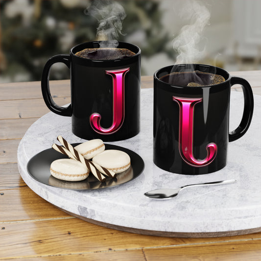 "PinkLady's" 'J' Coffee Mug - 11oz Black Ceramic Cup