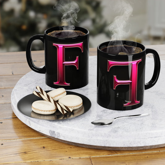 "PinkLady's" 'F' Coffee Mug - 11oz Black Ceramic Cup