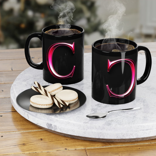 "PinkLady's" 'C' Coffee Mug - 11oz Black Ceramic Cup
