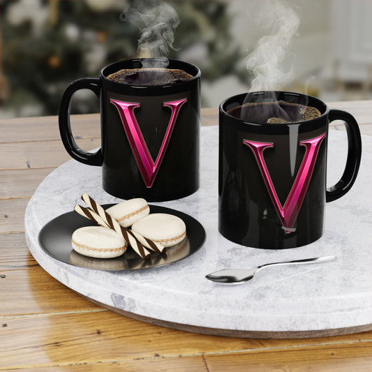 "PinkLady's" 'V' Coffee Mug - 11oz Black Ceramic Cup
