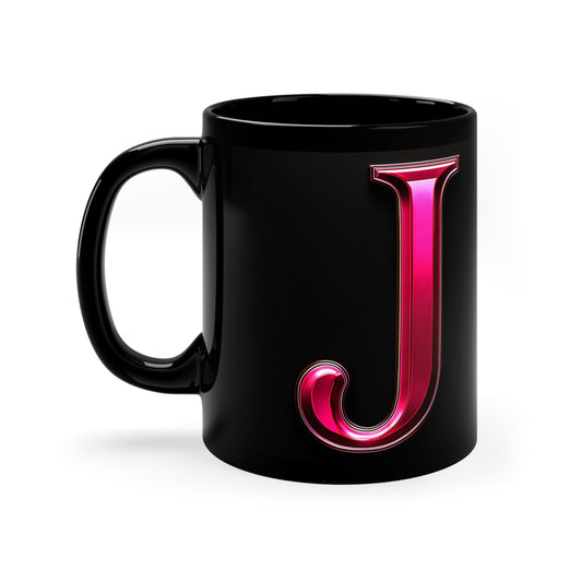 "PinkLady's" 'J' Coffee Mug - 11oz Black Ceramic Cup