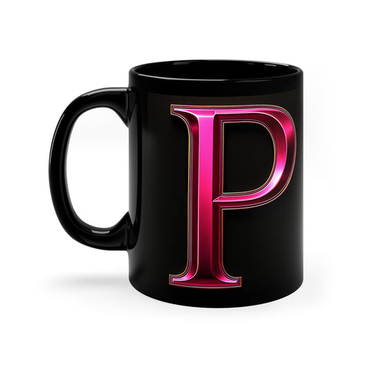 "PinkLady's" 'P' Coffee Mug - 11oz Black Ceramic Cup
