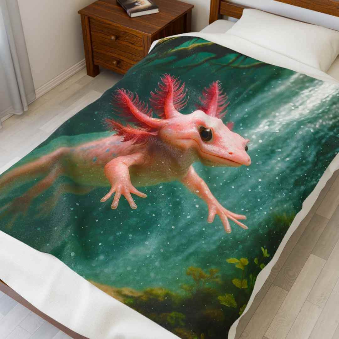 Axolotl and Her Waterfall Swim - Plush Blanket - Winsome Realms