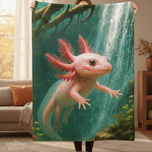 Axolotl and Her Waterfall Swim - Plush Blanket - Winsome Realms