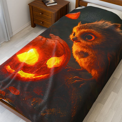 Cozy Plush Blanket — Halloween Owl and Pumpkin | Winsome Realms - Winsome Realms