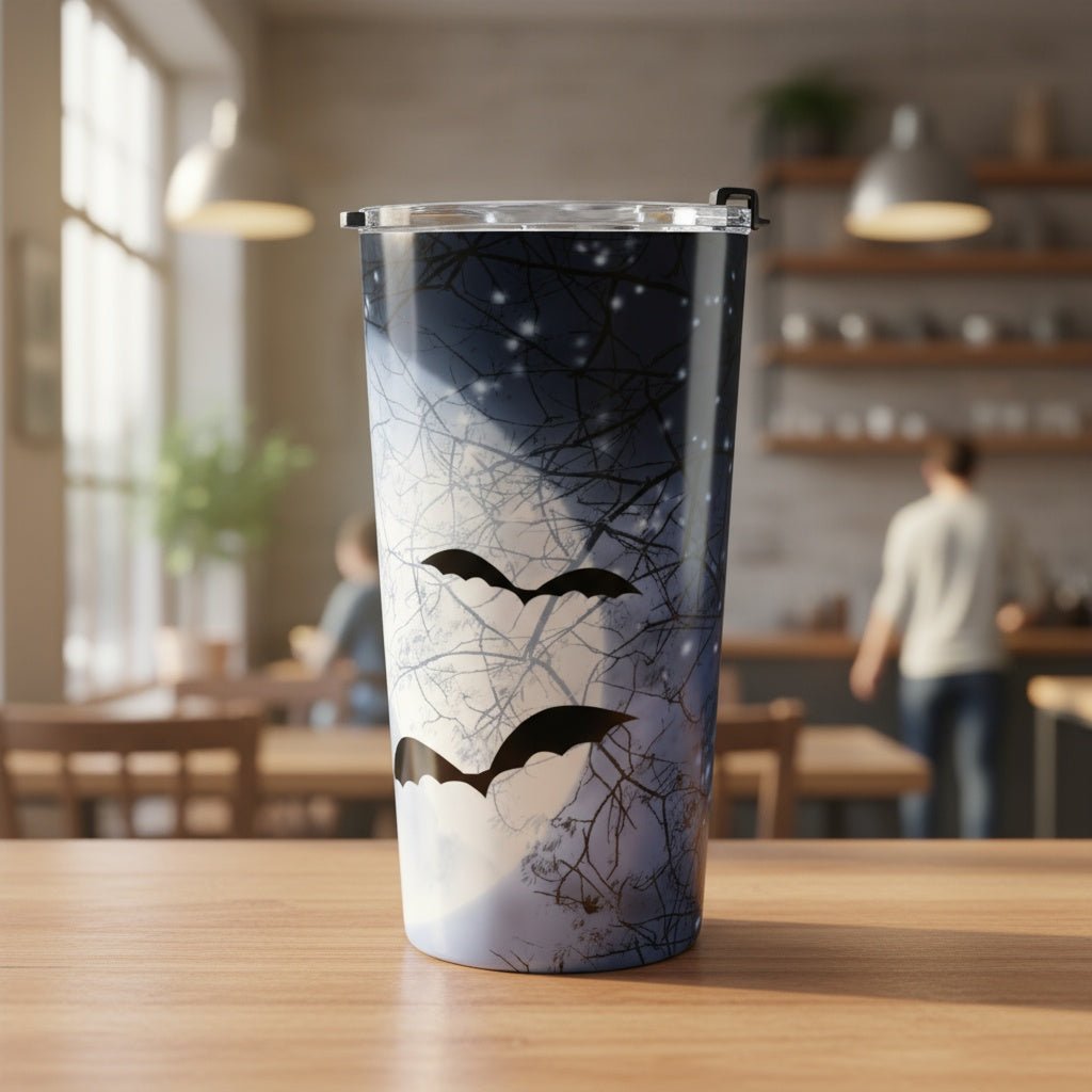 Halloween Moon and Bats 20oz Stainless Steel Tumbler | Cozy Spooky Drinkware - Winsome Realms