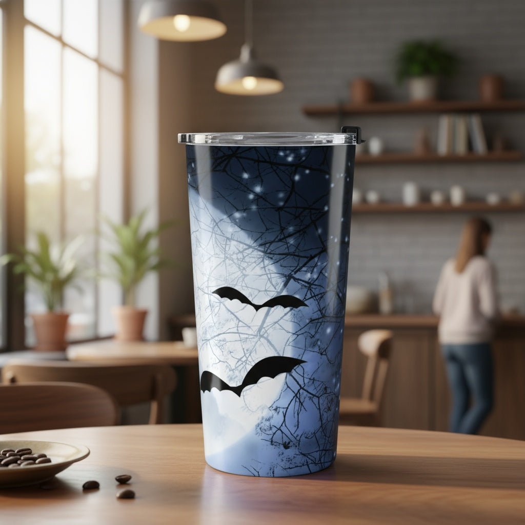 Halloween Moon and Bats 20oz Stainless Steel Tumbler | Cozy Spooky Drinkware - Winsome Realms