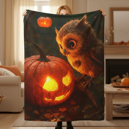 Cozy Plush Blanket — Halloween Owl and Pumpkin | Winsome Realms - Winsome Realms