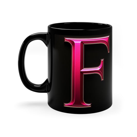 "PinkLady's" 'F' Coffee Mug - 11oz Black Ceramic Cup - Winsome Realms