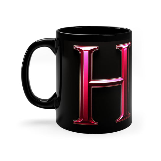 "PinkLady's" 'H' Coffee Mug - 11oz Black Ceramic Cup - Winsome Realms