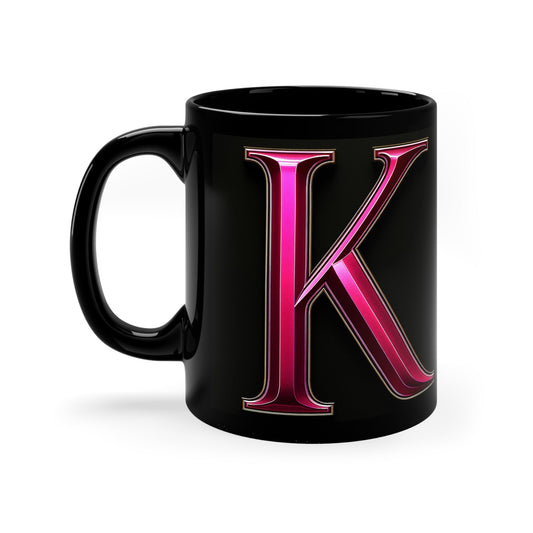 "PinkLady's" 'K' Coffee Mug - 11oz Black Ceramic Cup - Winsome Realms