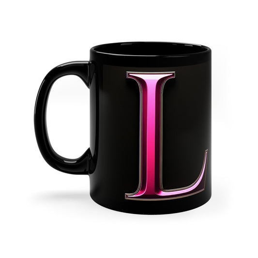 "PinkLady's" 'L' Coffee Mug - 11oz Black Ceramic Cup - Winsome Realms