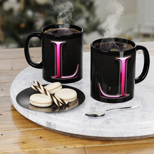 "PinkLady's" 'L' Coffee Mug - 11oz Black Ceramic Cup - Winsome Realms