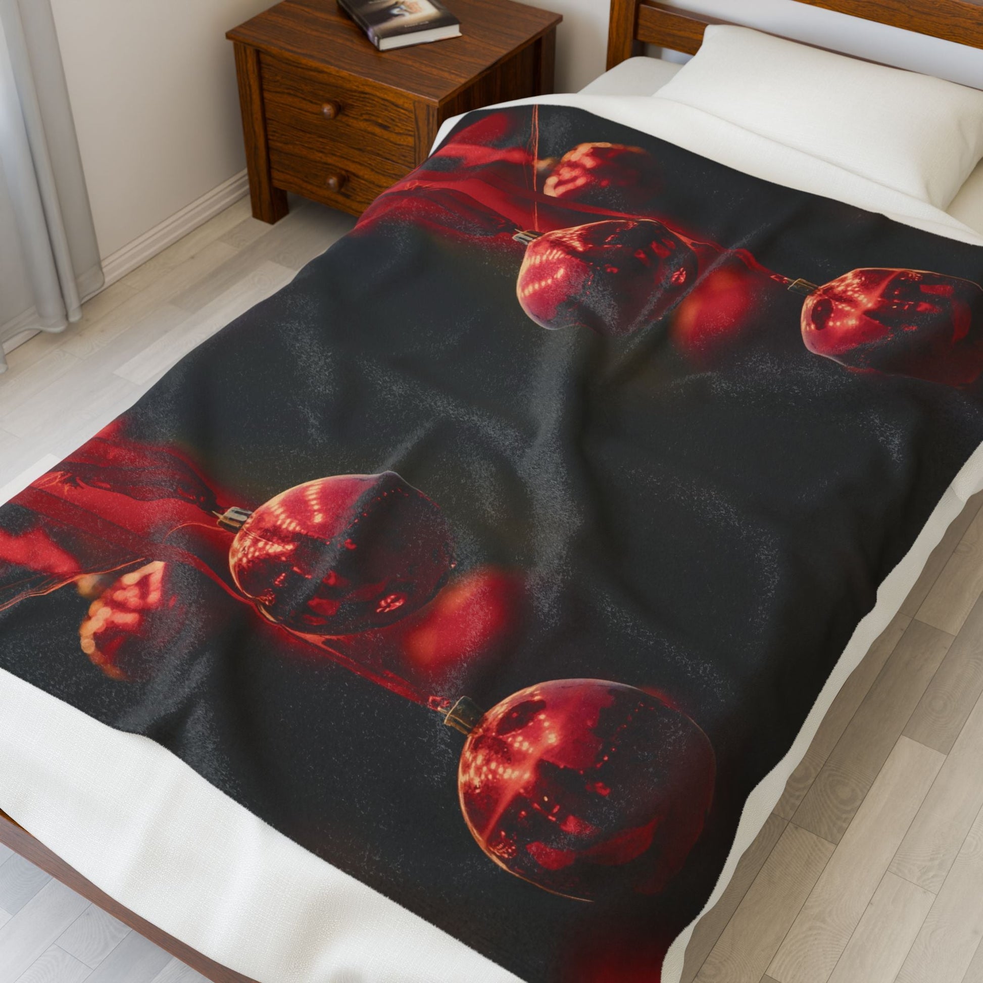 Red Ornaments in the Black Plush Blanket - Winsome Realms - Winsome Realms